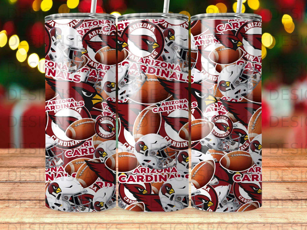 Arizona Cardinals football helmet, logo, and football scattered on a tumbler.
