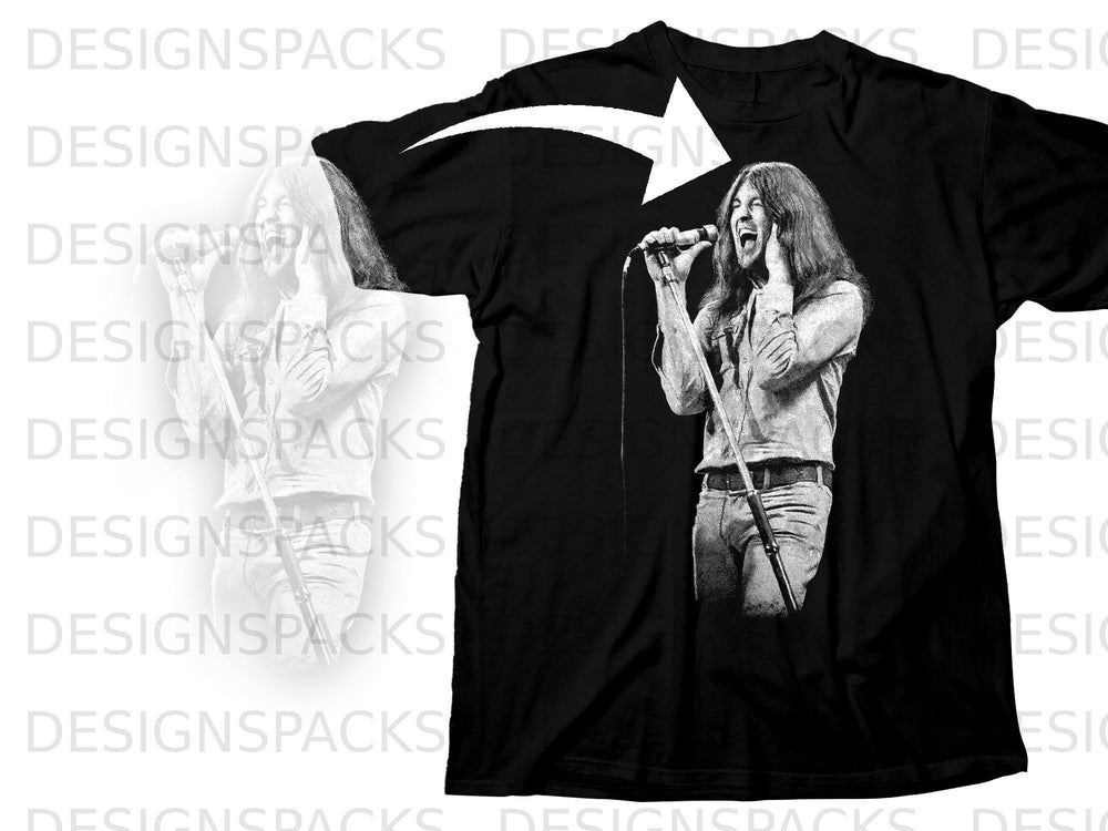 Black t-shirt featuring a black and white graphic of a singer holding a microphone.