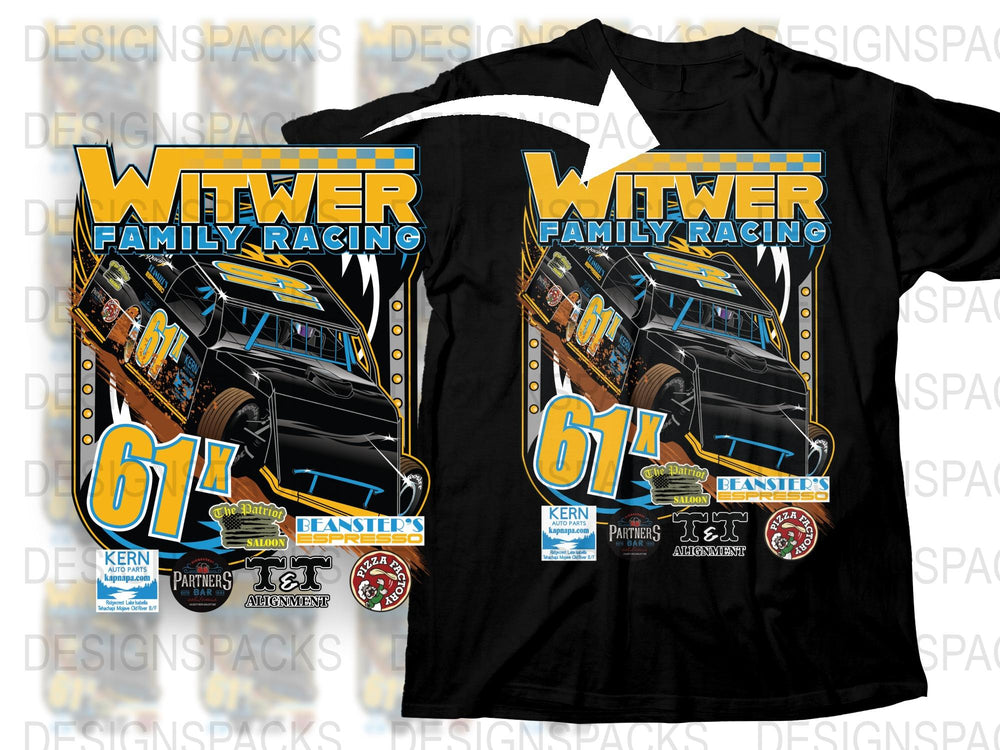 Witwer Family Racing T-Shirt, Race Car Graphic Tee, Bold Colors, Motorsport Apparel, Sizes S-XXL