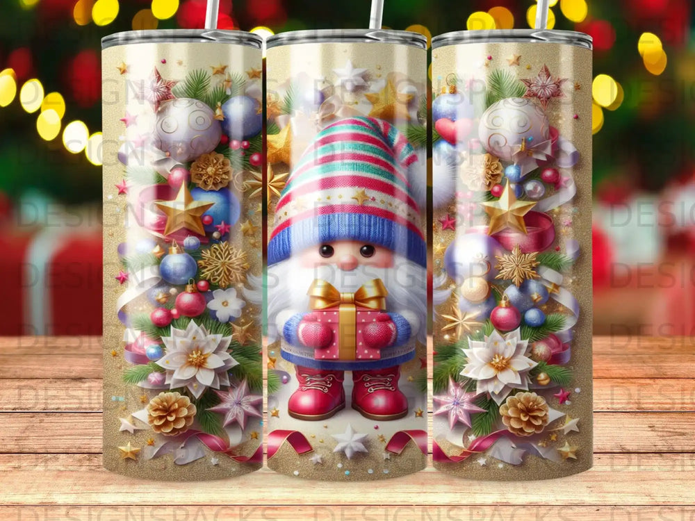 Christmas gnome in striped hat holding gift, surrounded by ornaments and festive decorations.