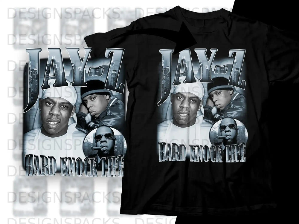 Jay-Z "Hard Knock Life" t-shirt with multiple album art depictions.