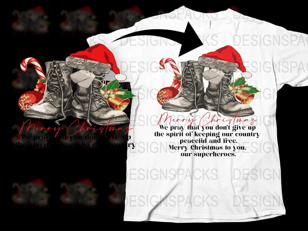 Festive Military Boots Christmas T-Shirt, Patriotic Holiday Tee with Santa Hat, Support Troops Christmas Graphic Tee, Unique Gift Idea
