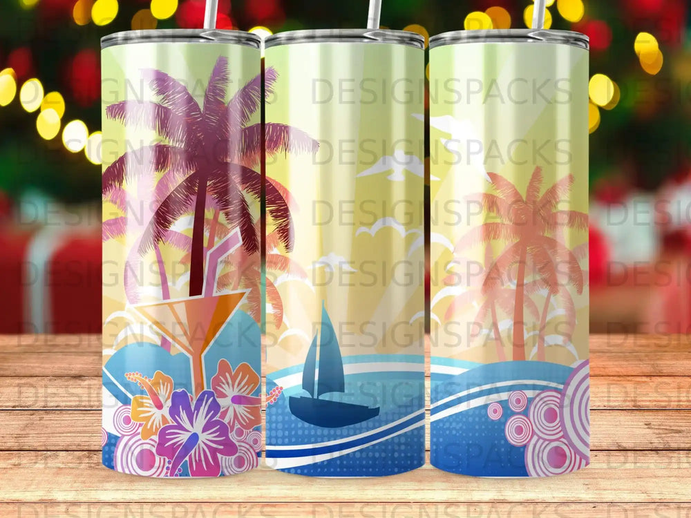 Tropical palm trees and hibiscus flowers on a beach scene tumbler wrap design.