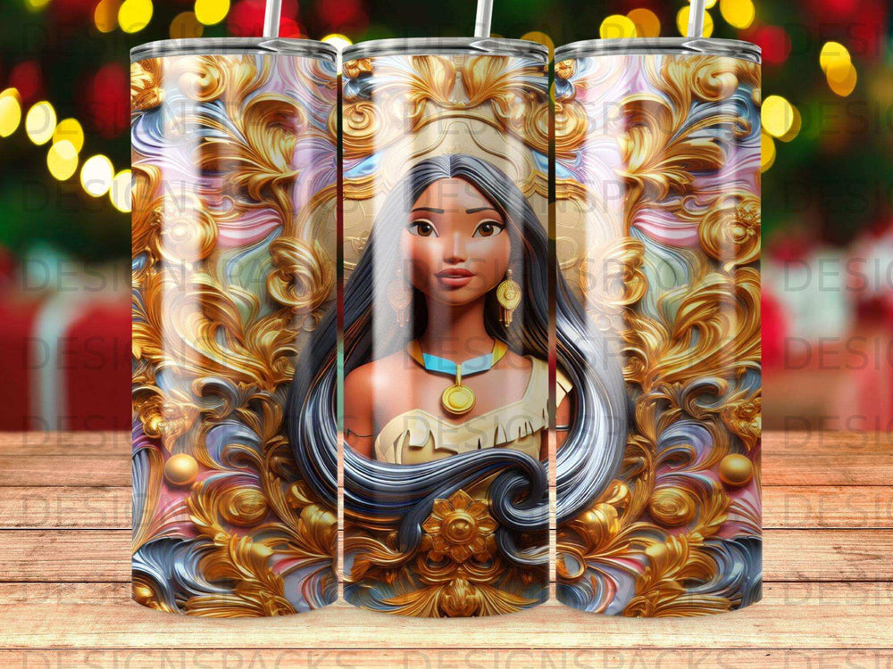 Pocahontas in ornate gold frame with swirling colorful abstract background.