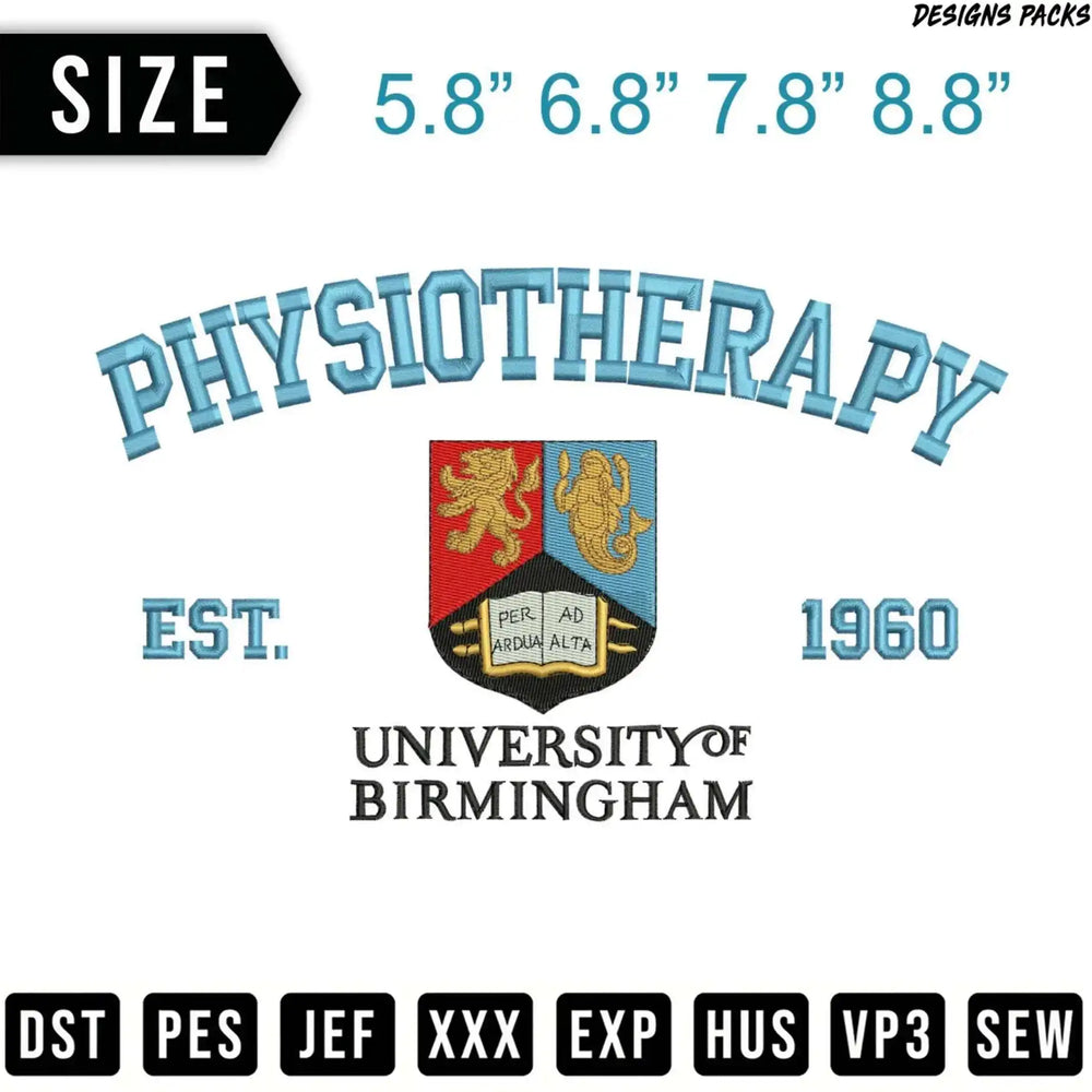Embroidery design for physiotherapy, featuring University of Birmingham crest and sizes.