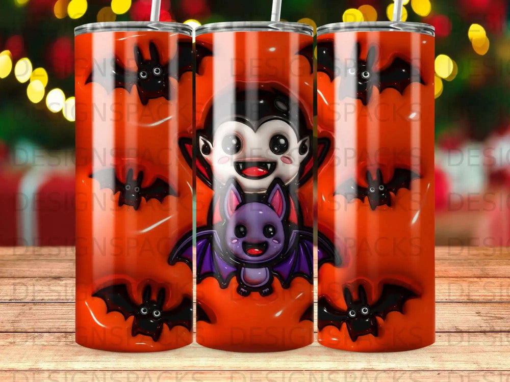 Vampire with bat on orange background, repeating "DESIGNSPACK" watermark.