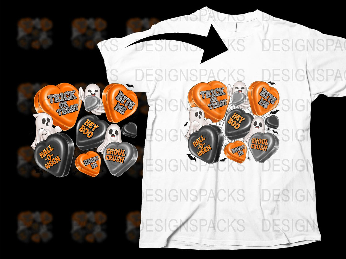 Halloween T-Shirt with Funny Skulls and Candy Slogans, Trick Treat Graphic Tee