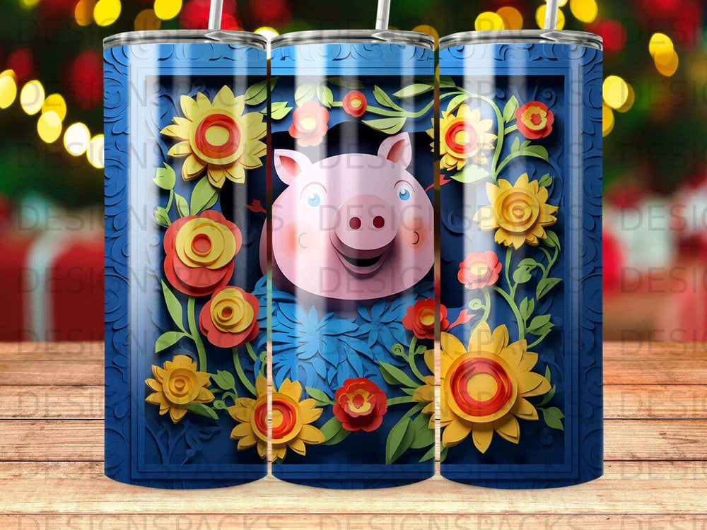 Blue tumbler with cheerful pig and floral cutout design.