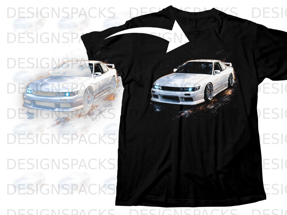 Black t-shirt with a white graphic of a white sports car with glowing headlights.