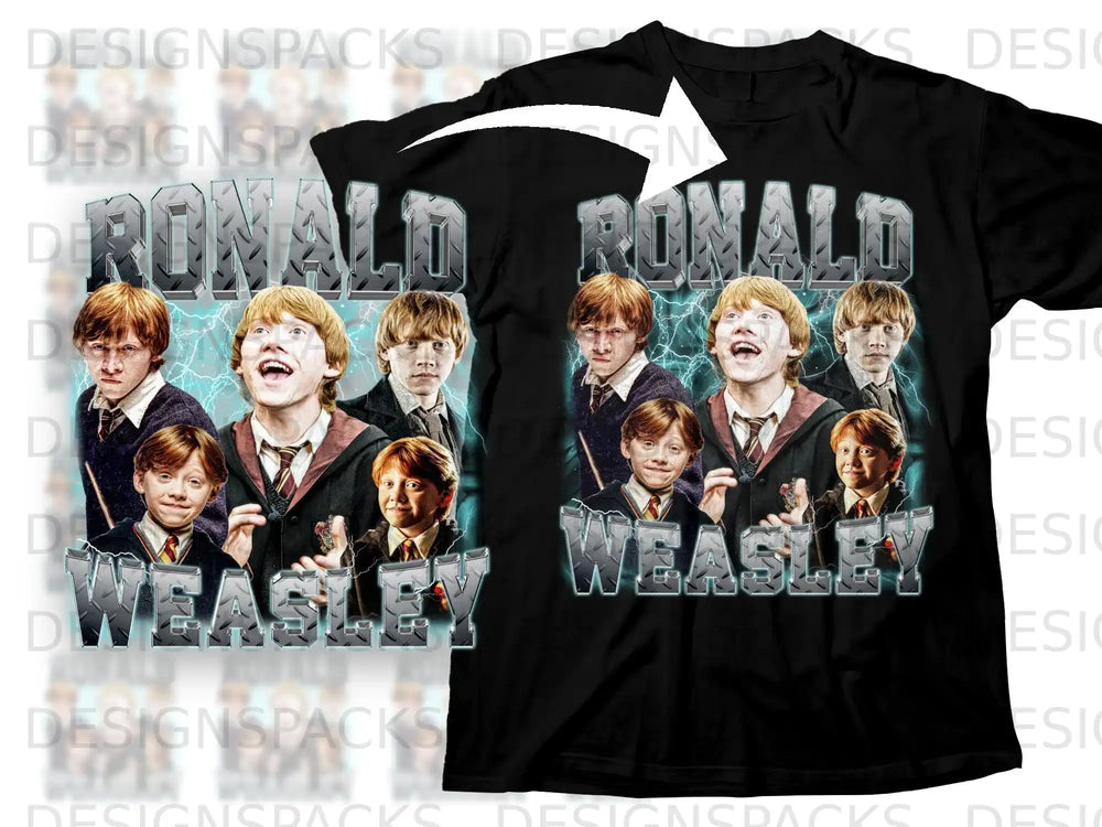 Ron Weasley characters from Harry Potter on a black t-shirt.
