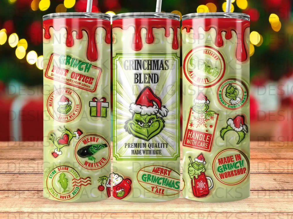 Grinchmas Blend tumbler with holiday imagery and text "Made with Hate."