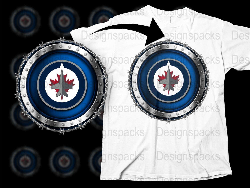 Unique Canadian Maple Leaf Design T-Shirt, Stylish Metal Rivets, Blue Circular Pattern Tee