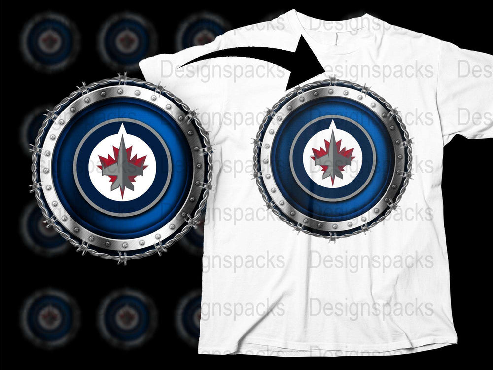 Unique Canadian Maple Leaf Design T-Shirt, Stylish Metal Rivets, Blue Circular Pattern Tee