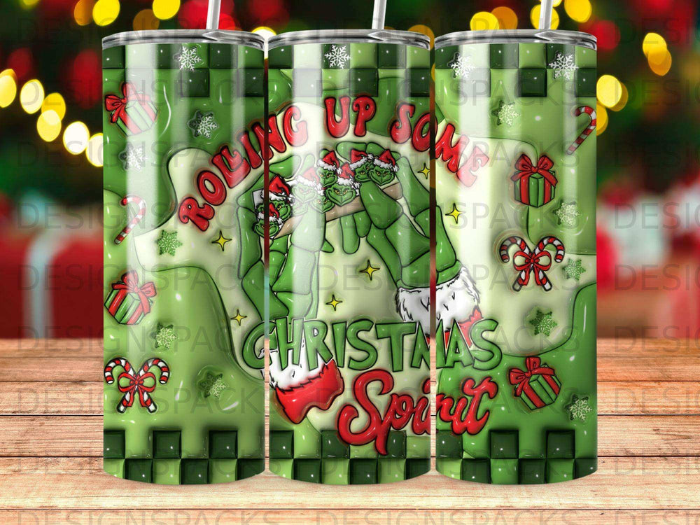 The Grinch rolls up a Christmas tree with "Christmas Spirit" text.