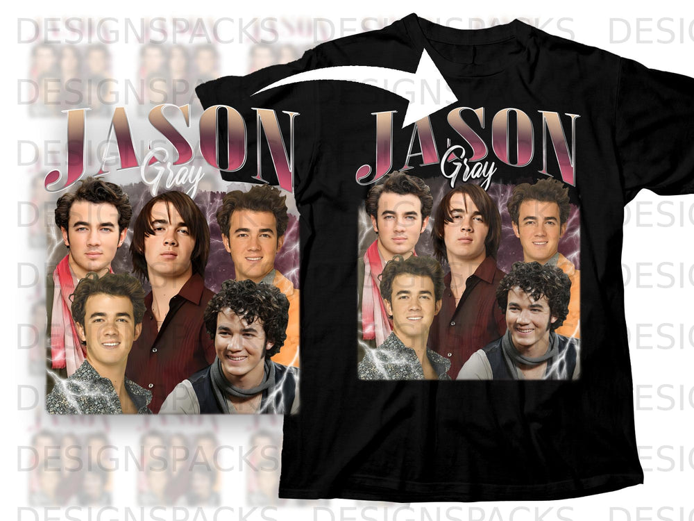 Black t-shirt with "JASON Gray" and collage of Joe Jonas brothers.