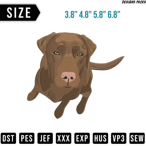 Brown Labrador dog embroidery design with size options and file formats.