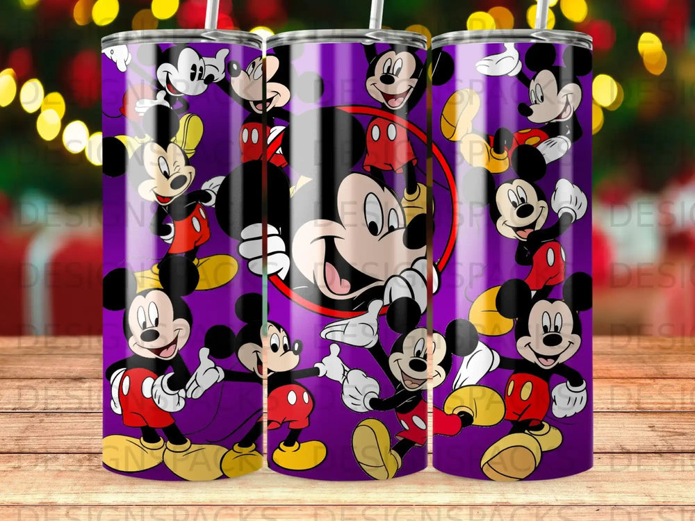 Purple tumbler with repeating Mickey Mouse pattern and character graphics.