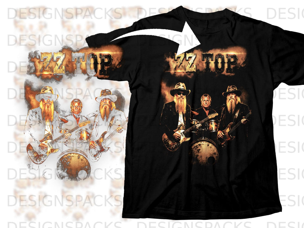Black t-shirt featuring ZZ Top logo and band members with guitars.