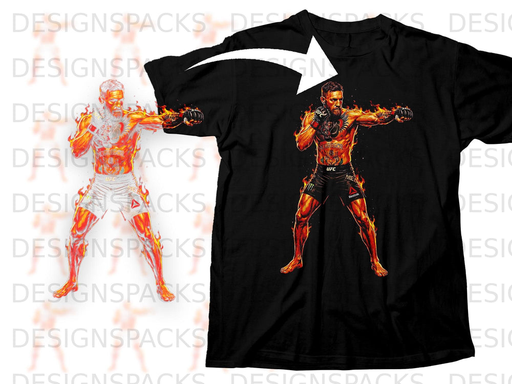 Black t-shirt with fiery illustration of Conor McGregor in boxing stance.