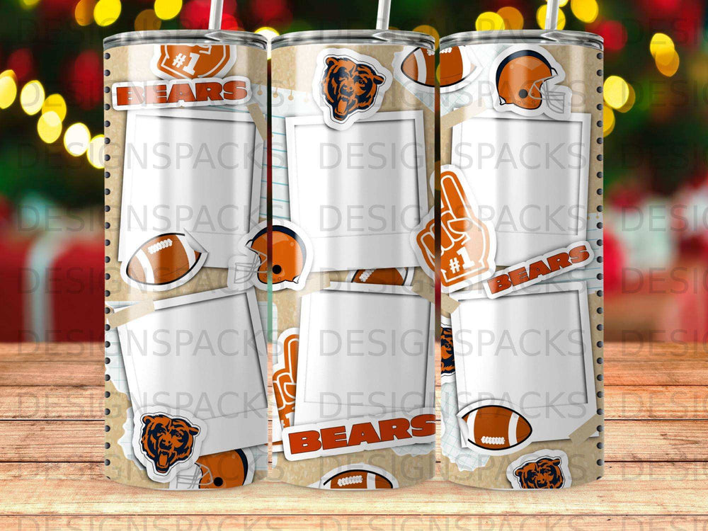 Tumbler with Chicago Bears logo, footballs, and empty photo frames.