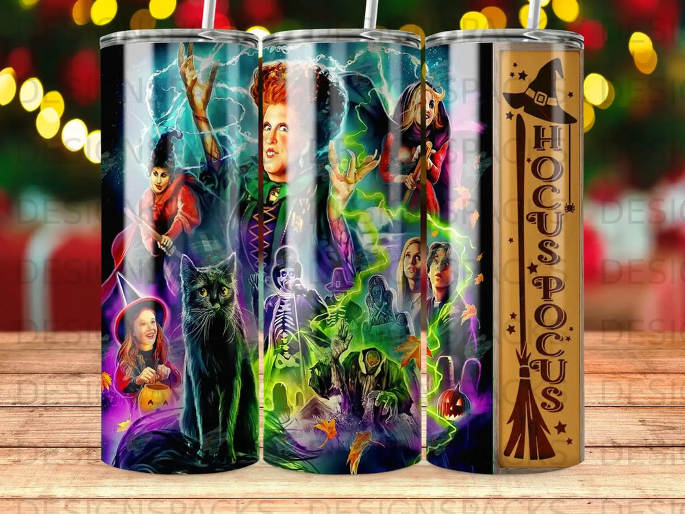 Hocus Pocus movie characters and Salem the cat on a tumbler.
