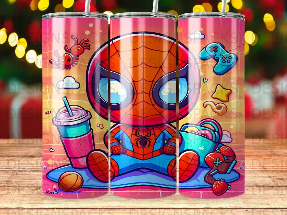 Chibi Spider-Man with a drink, game controller, and strawberries.