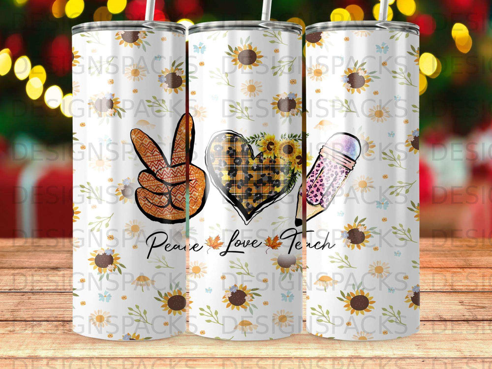 Peace Love Teach design with sunflowers, pencil, and peace sign.