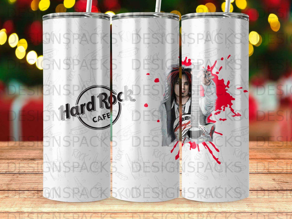 Hard Rock Cafe tumbler with a guitarist and red paint splatters.