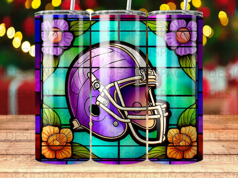 Purple football helmet with stained glass floral border.