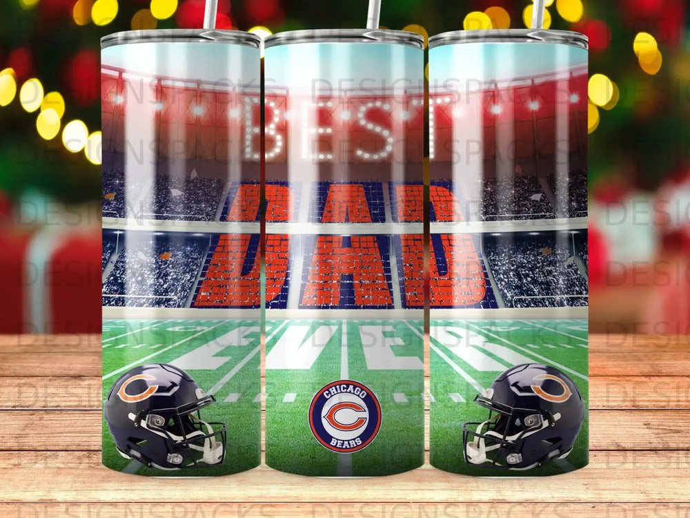 Chicago Bears stadium with helmets and "BEST DAD" text.