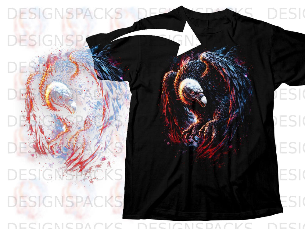 Black t-shirt with a vibrant, fiery vulture graphic across the chest.