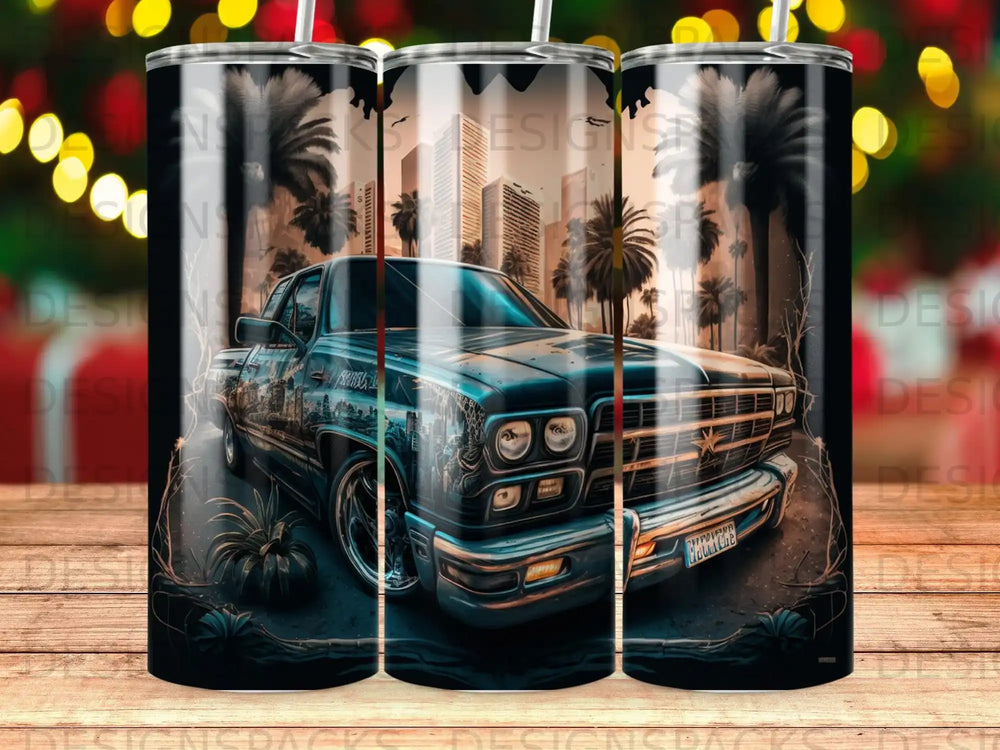 Classic truck with palm trees and city skyline on a tumbler.