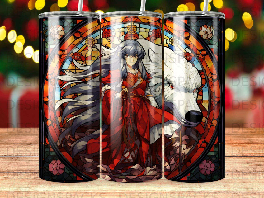 Anime character in red dress with wolf, stained glass background.