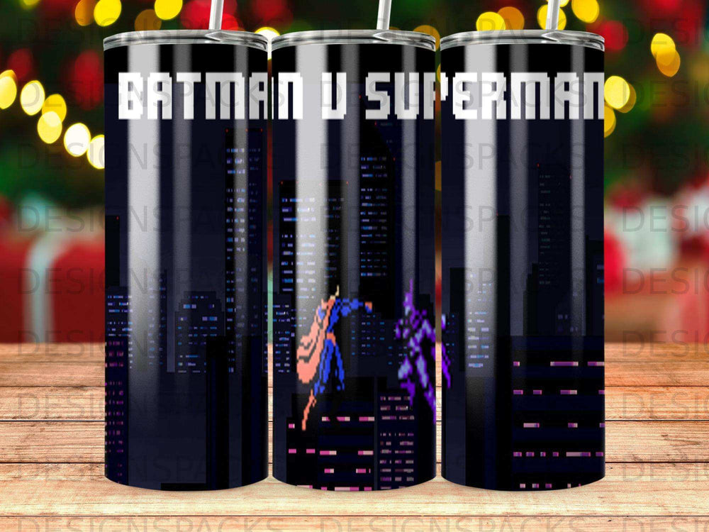 Batman and Superman fight against a pixelated city backdrop.