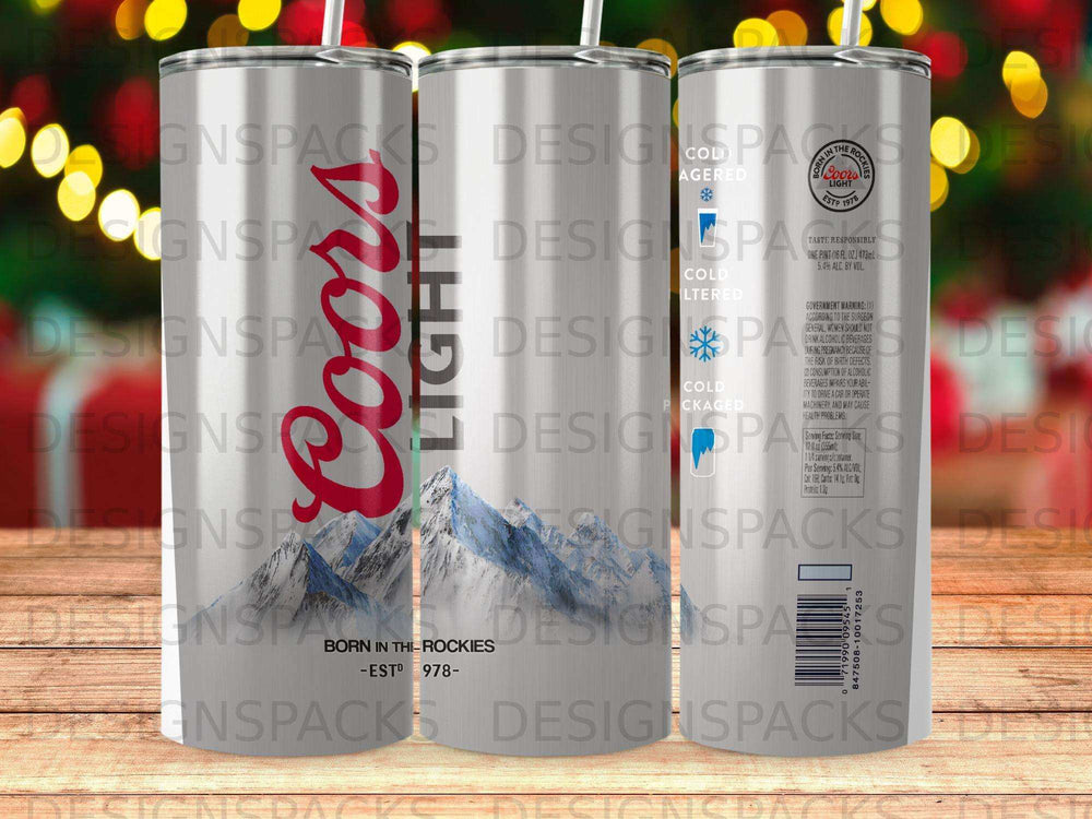 Coors Light tumbler with mountain graphics and product information.