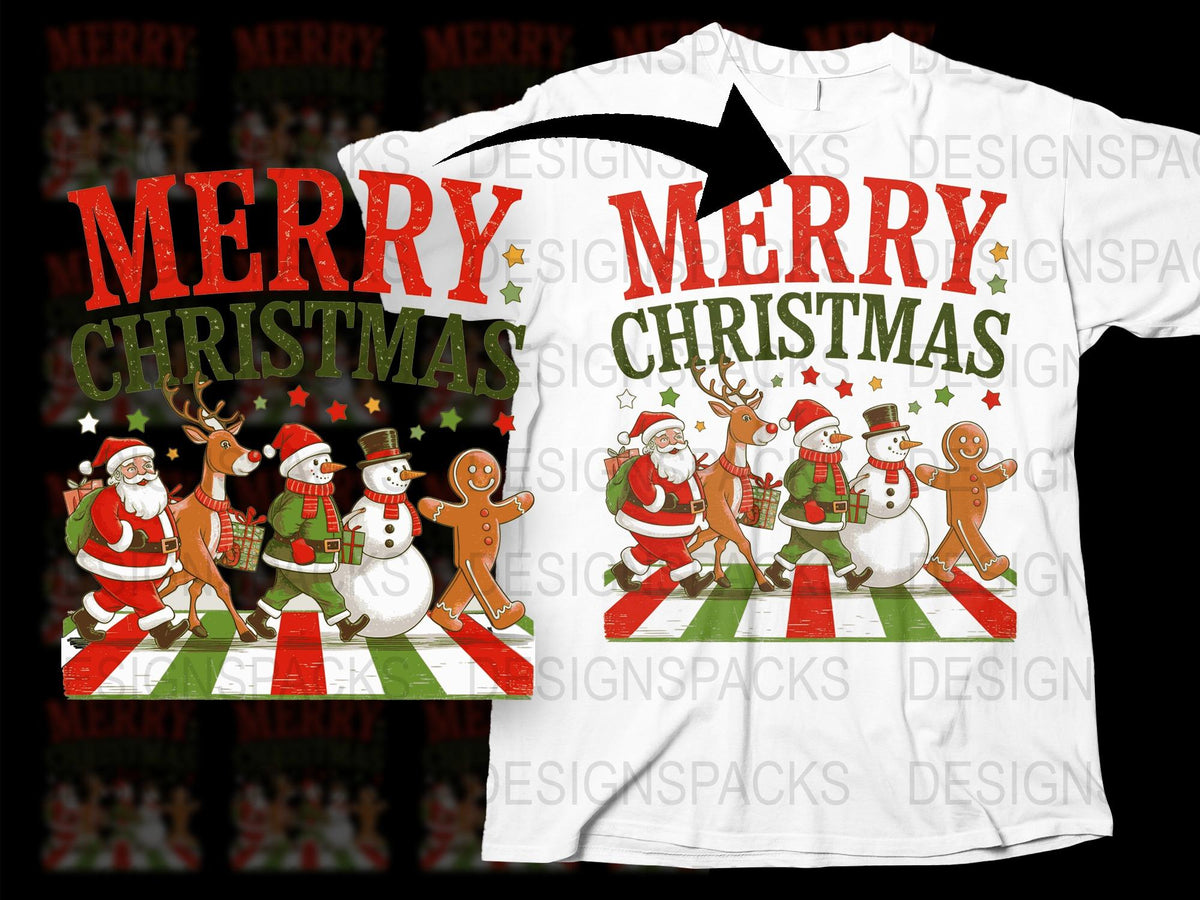 Merry Christmas Santa Reindeer Snowman Holiday Graphic T-Shirt, Festive Family Tee, Winter Apparel Gift Idea