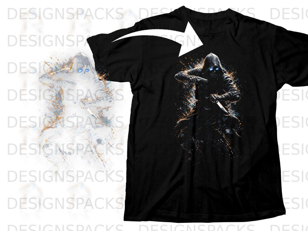 Black t-shirt with a dark, hooded figure wielding a knife and gun.
