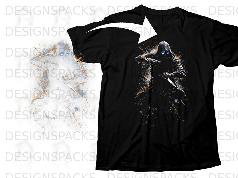 Black t-shirt with a dark, hooded figure wielding a knife and gun.