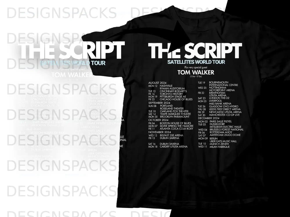 The Script Satellites World Tour t-shirt with Tom Walker featuring dates.