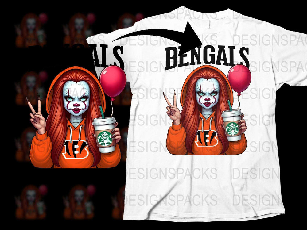 Bengals Clown Horror Graphic T-Shirt, Custom Halloween Clown Tee, Unique Party Costume Top, Gift for Horror Fans