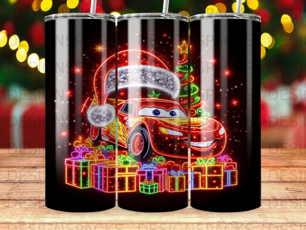 Lightning McQueen in a Santa hat with Christmas presents and a tree.