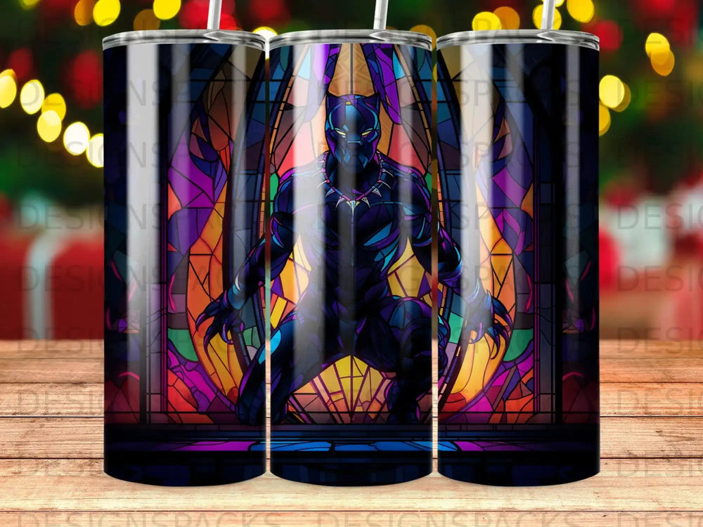 Black Panther crouched in front of a colorful stained-glass background.