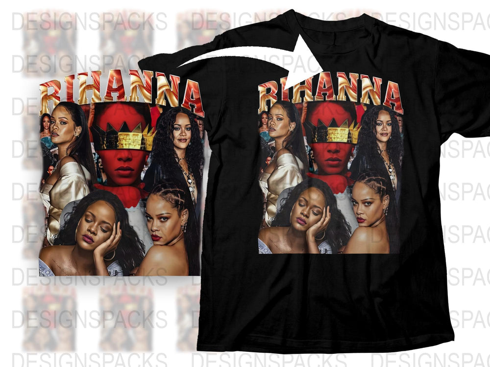 Rihanna Graphic T-Shirt, Pop Star Photo Collage, Music Icon Tee, Black Cotton Shirt, Fan Merchandise, Gift Item