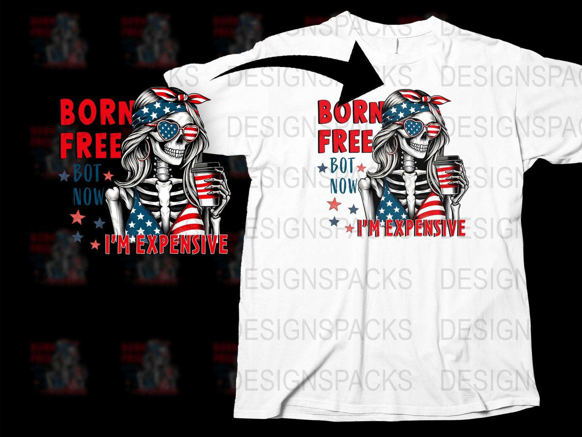 Patriotic Skeleton T-Shirt, Born Free American Flag Sunglasses, Unisex Graphic Tee, Unique USA Apparel