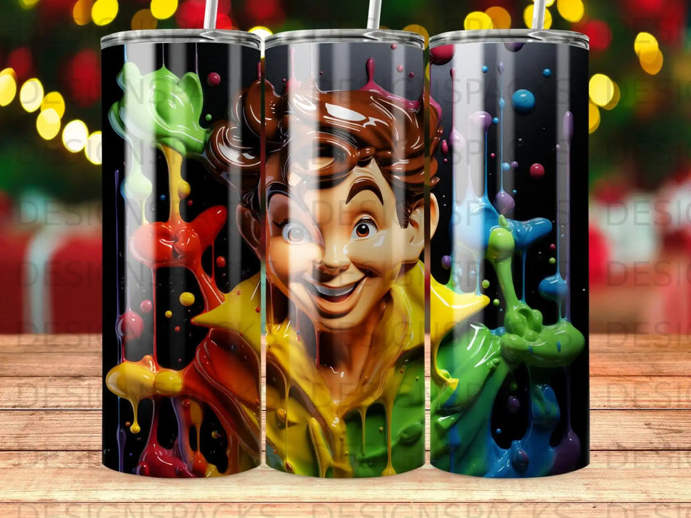 Cartoon boy with colorful paint splatters against a dark background.