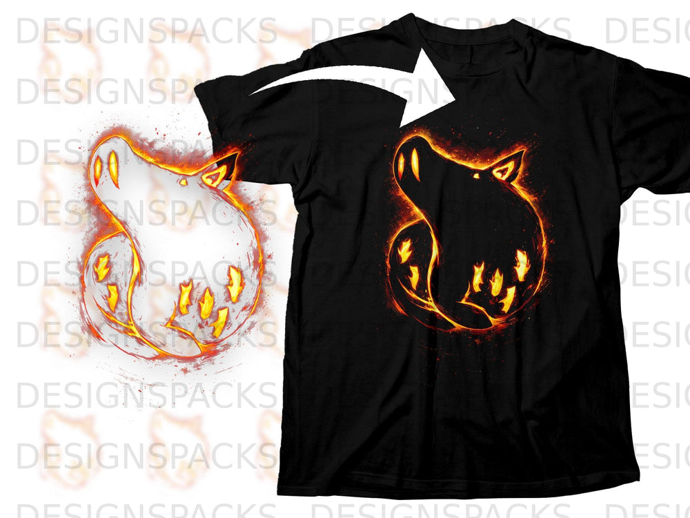 Black t-shirt with a glowing, fiery wolf or dog silhouette design.