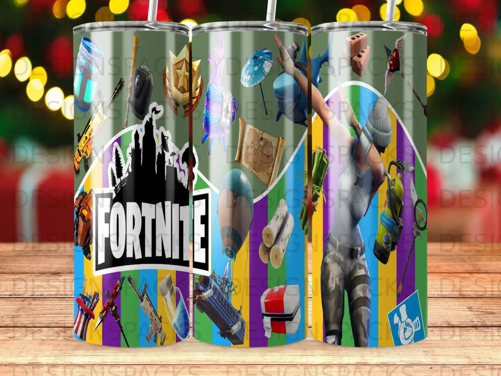 Fortnite tumbler with game characters and castle silhouette.