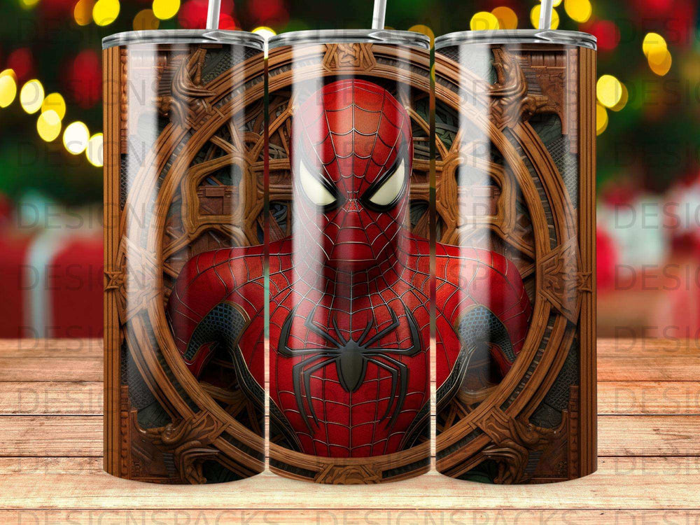 Spiderman in a circular wooden frame with blurred bokeh lights background.