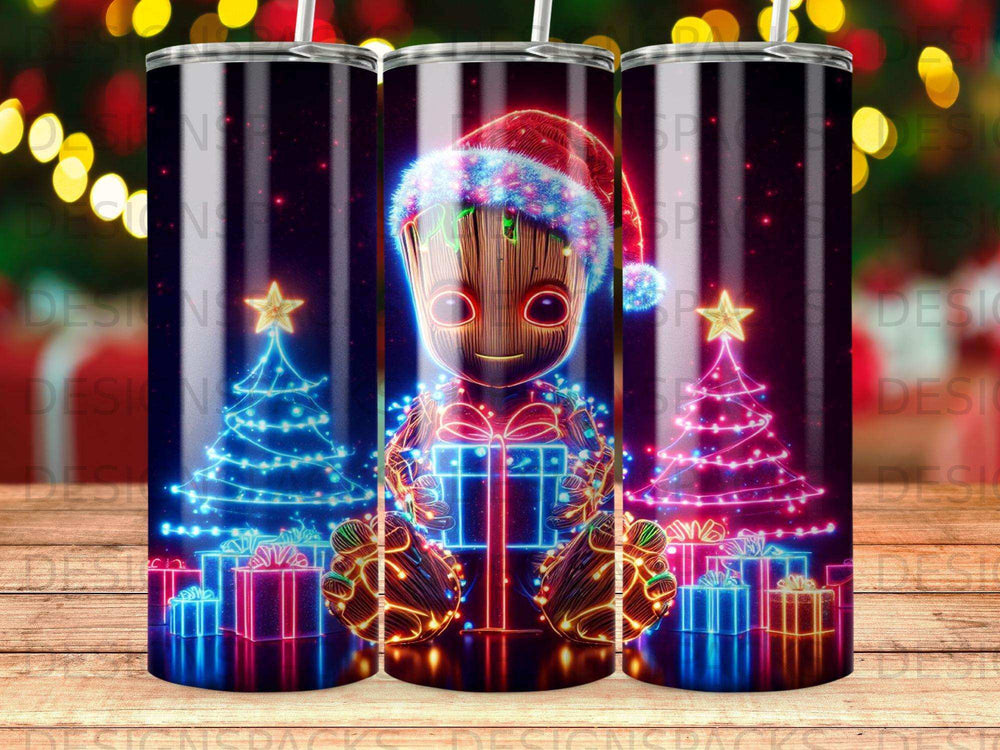 Groot with Santa hat holding gift, surrounded by neon Christmas trees and presents.