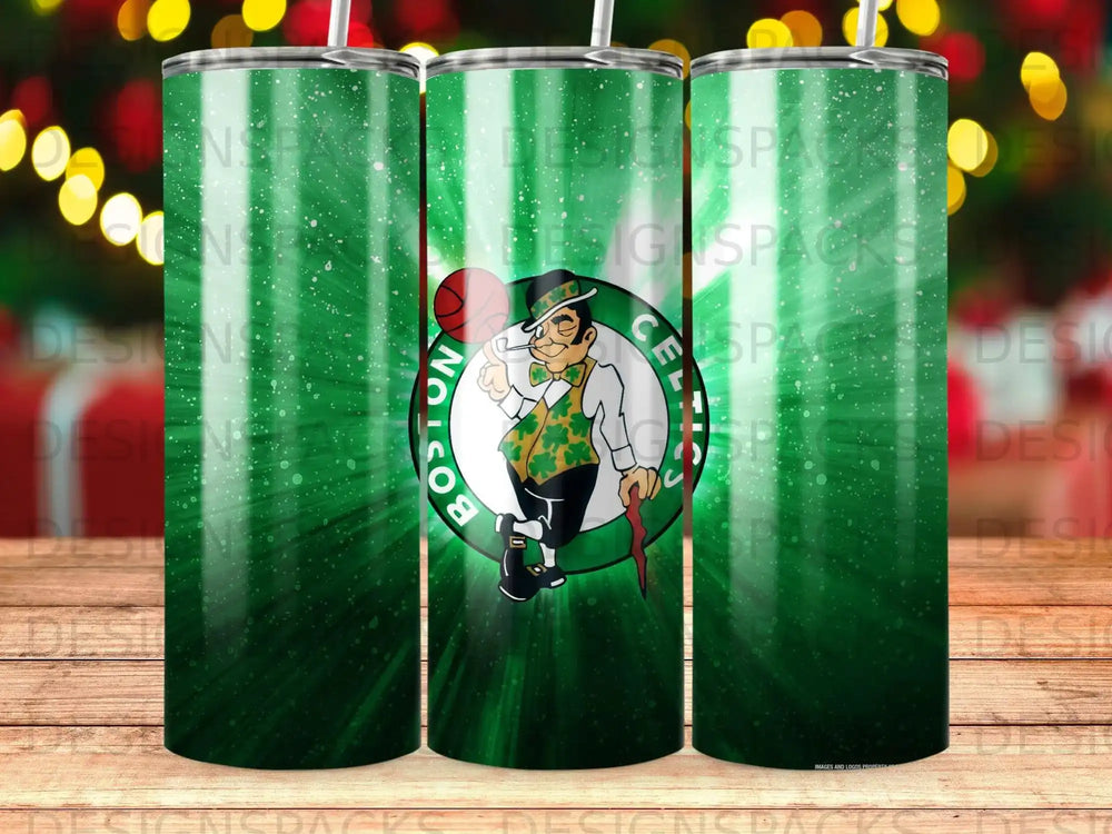 Boston Celtics logo on a green, sunburst-patterned tumbler.